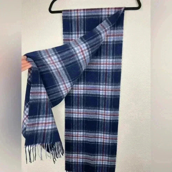 MONOPRIX Unisex One Size 100% Wool Fringe Scarf Blue Plaid Minimalist Essentials - Picture 8 of 13